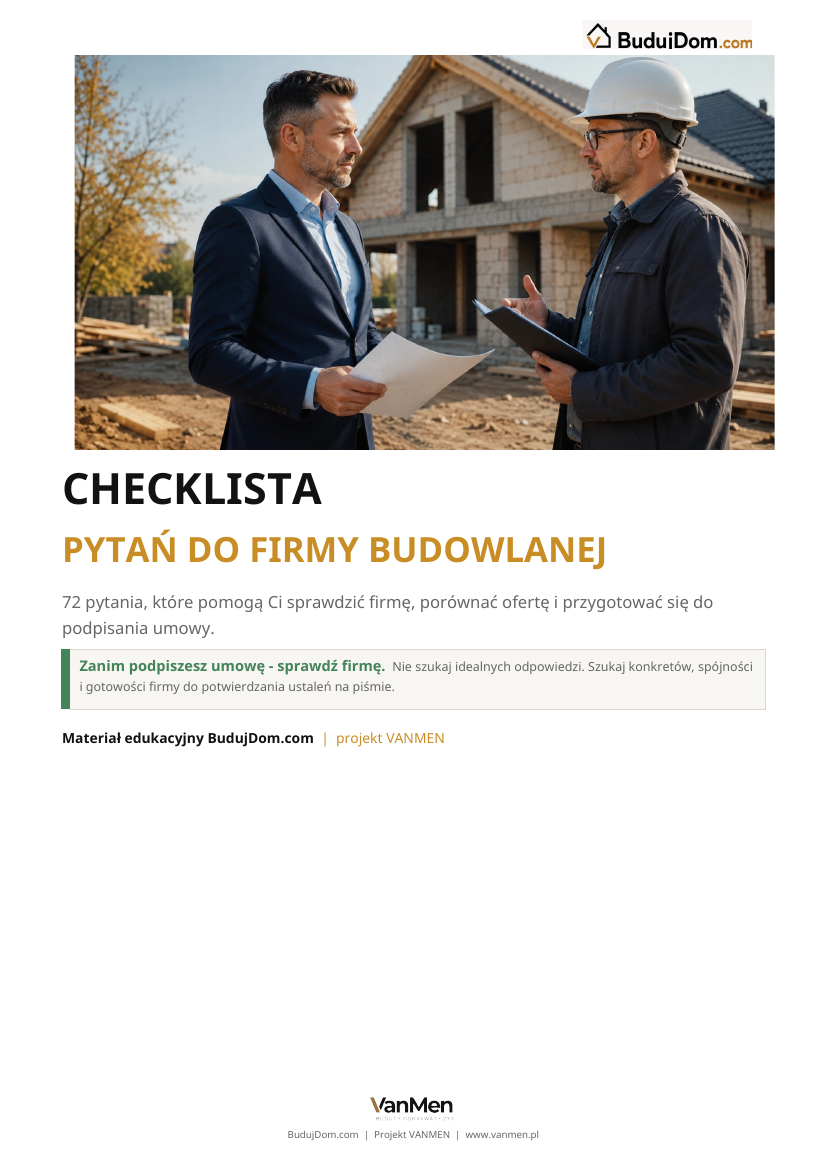 Okładka Checklisty pytań do firmy budowlanej — 72 pytania